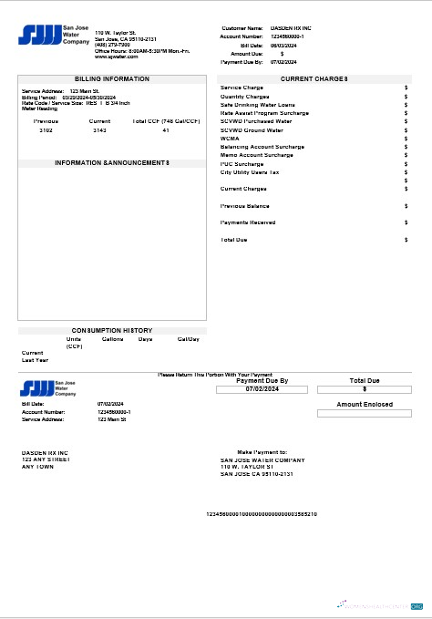 USA California San Jose Water business utility bill template in Word and PDF formats